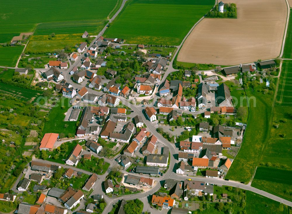 Öllingen from above - Village view on the edge of agricultural fields and land in Öllingen in the state Baden-Wuerttemberg, Germany