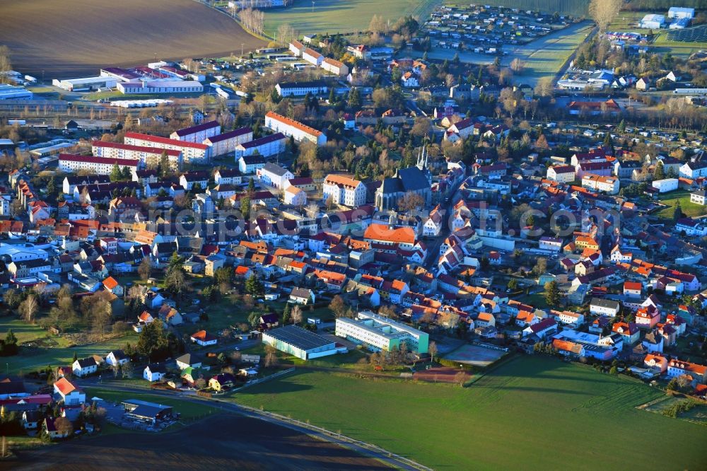 Aerial image Lommatzsch - Village view on the edge of agricultural fields and land in Lommatzsch in the state Saxony, Germany