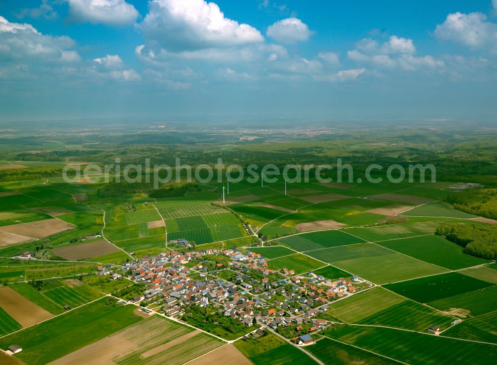 Aerial photograph Lonsee - Village view on the edge of agricultural fields and land in Lonsee in the state Baden-Wuerttemberg, Germany