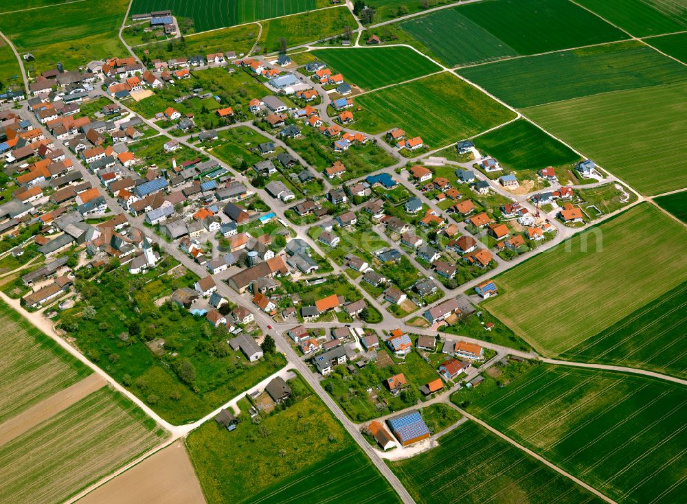 Lonsee from above - Village view on the edge of agricultural fields and land in Lonsee in the state Baden-Wuerttemberg, Germany