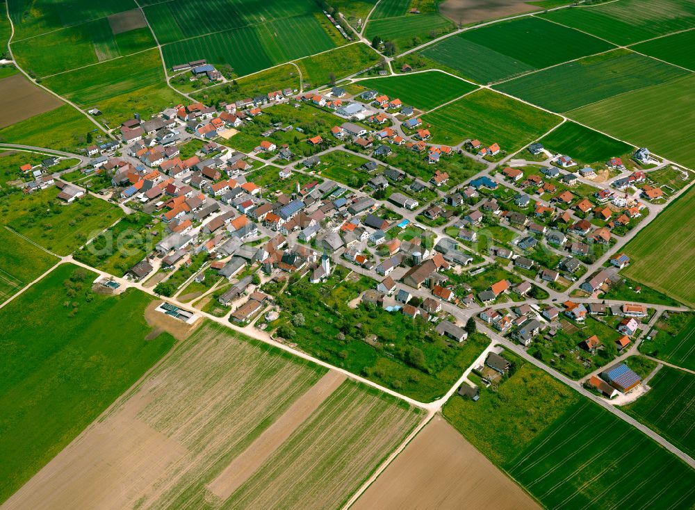 Aerial photograph Lonsee - Village view on the edge of agricultural fields and land in Lonsee in the state Baden-Wuerttemberg, Germany