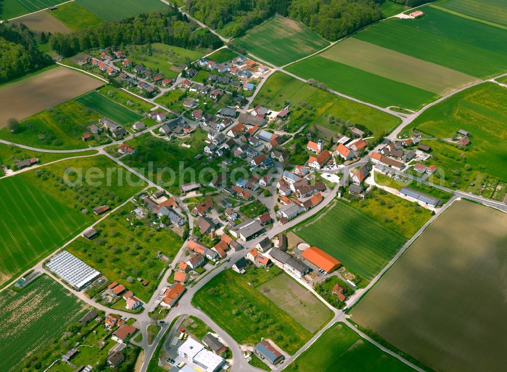 Lonsee from above - Village view on the edge of agricultural fields and land in Lonsee in the state Baden-Wuerttemberg, Germany