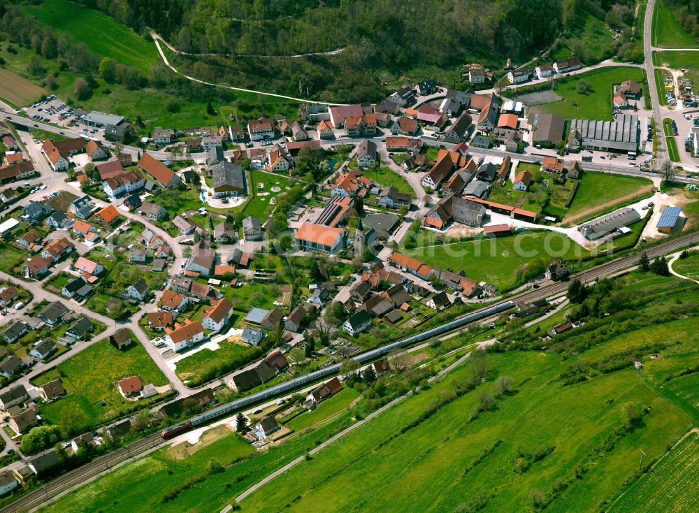 Aerial image Lonsee - Village view on the edge of agricultural fields and land in Lonsee in the state Baden-Wuerttemberg, Germany