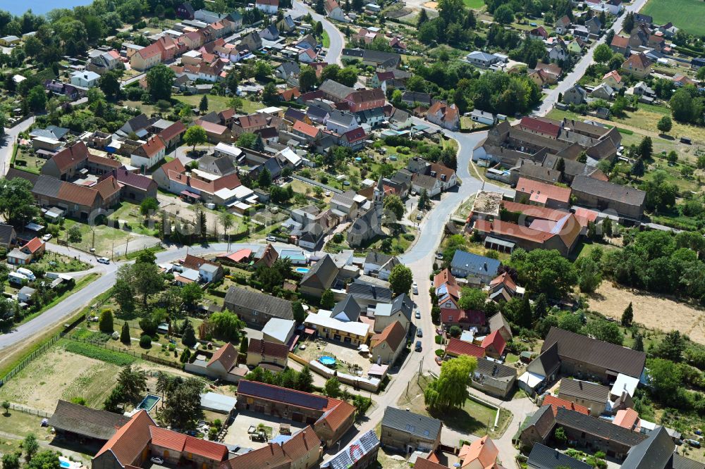 Aerial image Lunstädt - Village view on the edge of agricultural fields and land in Lunstaedt in the state Saxony-Anhalt, Germany