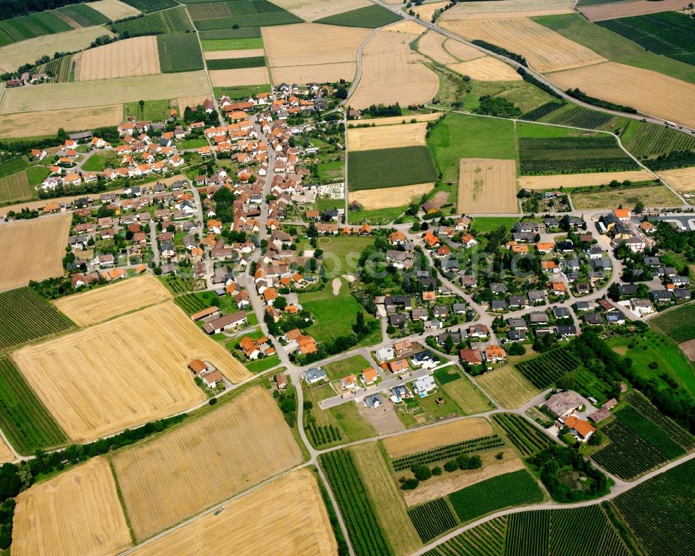 Löwenstein from above - Village view on the edge of agricultural fields and land in Löwenstein in the state Baden-Wuerttemberg, Germany