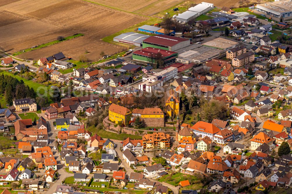 Mahlberg from above - Village view on the edge of agricultural fields and land in Mahlberg in the state Baden-Wuerttemberg, Germany