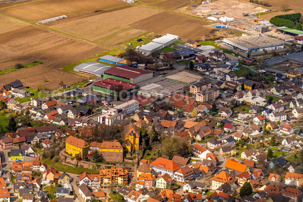 Mahlberg from the bird's eye view: Village view on the edge of agricultural fields and land in Mahlberg in the state Baden-Wuerttemberg, Germany