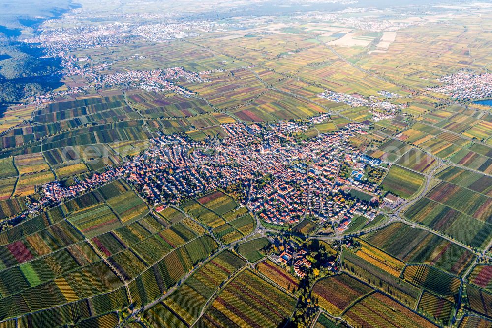 Aerial image Maikammer - Village view on the edge of agricultural fields and land in Maikammer in the state Rhineland-Palatinate, Germany