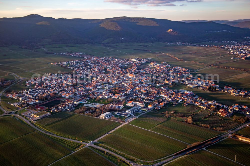 Maikammer from above - Village view on the edge of agricultural fields and land in Maikammer in the state Rhineland-Palatinate, Germany