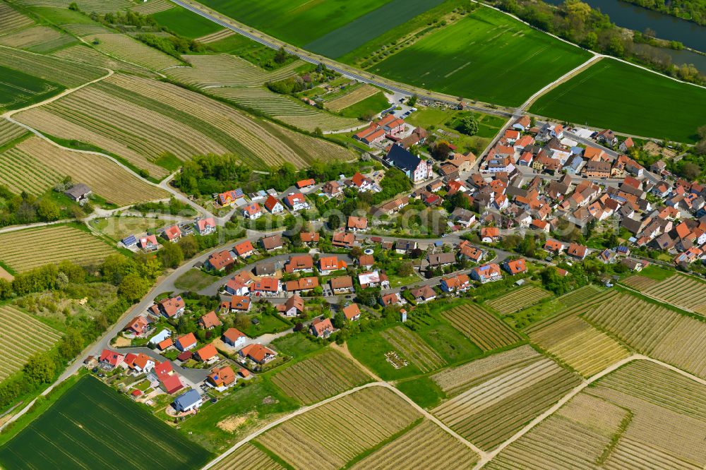 Aerial image Mainstockheim - Village view on the edge of agricultural fields and land in Mainstockheim in the state Bavaria, Germany