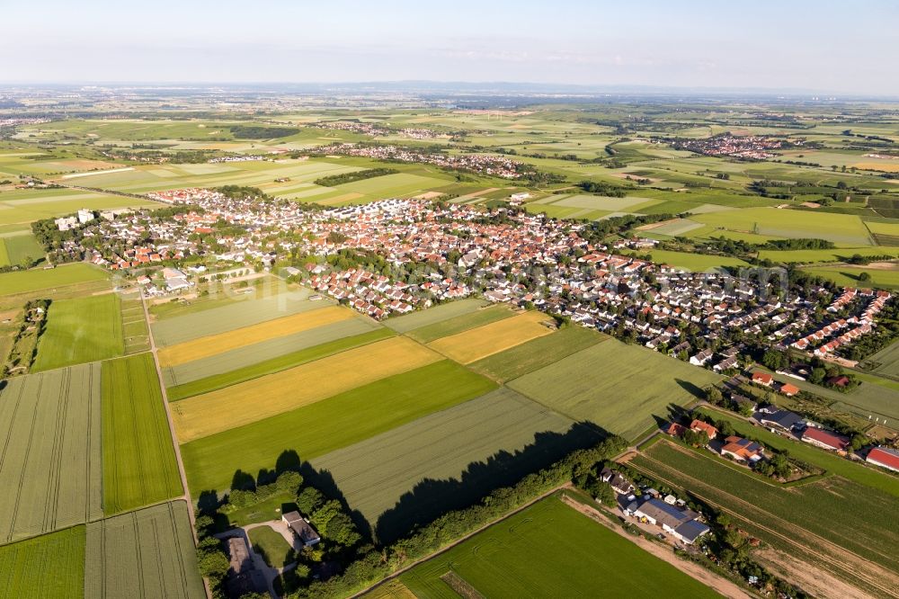 Aerial image Mainz-Ebersheim - Village view on the edge of agricultural fields and land in Mainz-Ebersheim in the state Rhineland-Palatinate, Germany