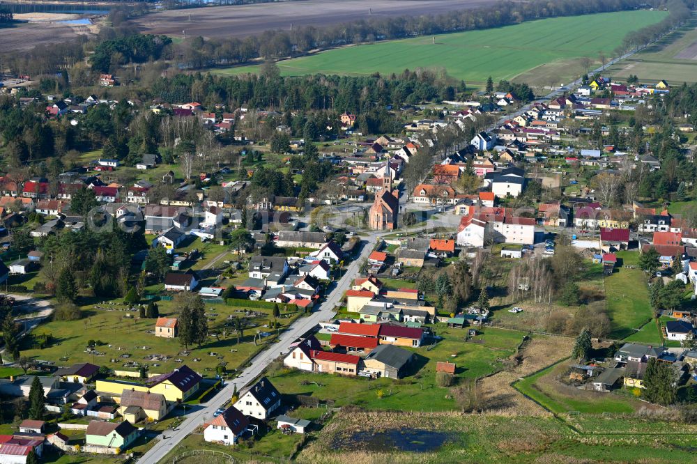 Marienwerder from above - Village view on the edge of agricultural fields and land in Marienwerder in the state Brandenburg, Germany