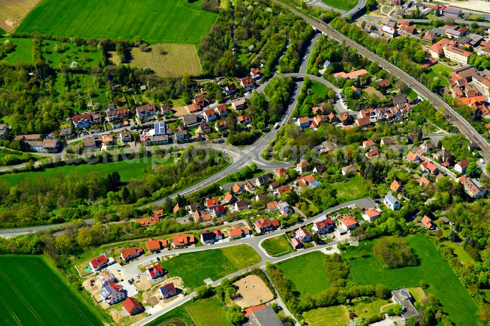 Aerial image Marktbreit - Village view on the edge of agricultural fields and land in Marktbreit in the state Bavaria, Germany