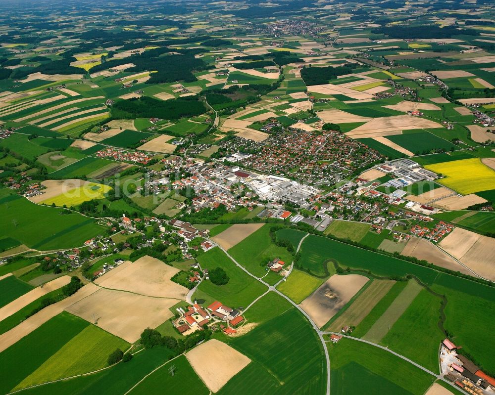 Massing from above - Village view on the edge of agricultural fields and land in Massing in the state Bavaria, Germany