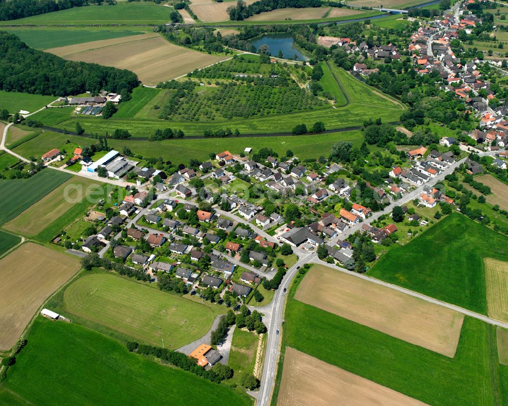 Memprechtshofen from above - Village view on the edge of agricultural fields and land in Memprechtshofen in the state Baden-Wuerttemberg, Germany