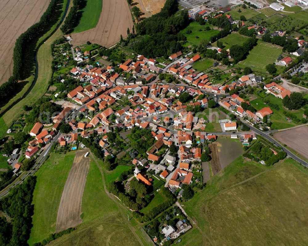 Aerial image Merxleben - Village view on the edge of agricultural fields and land in Merxleben in the state Thuringia, Germany