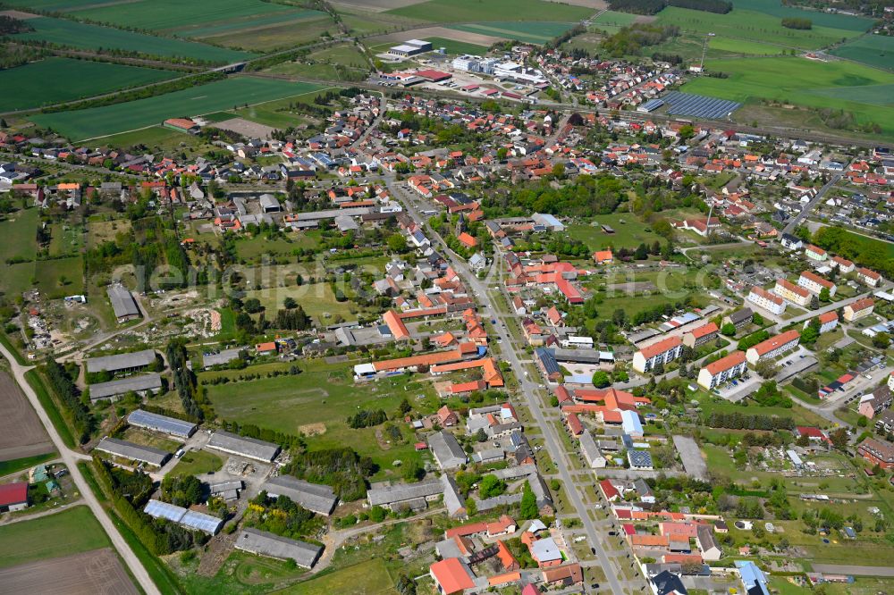 Mieste from the bird's eye view: Village view on the edge of agricultural fields and land in Mieste in the state Saxony-Anhalt, Germany