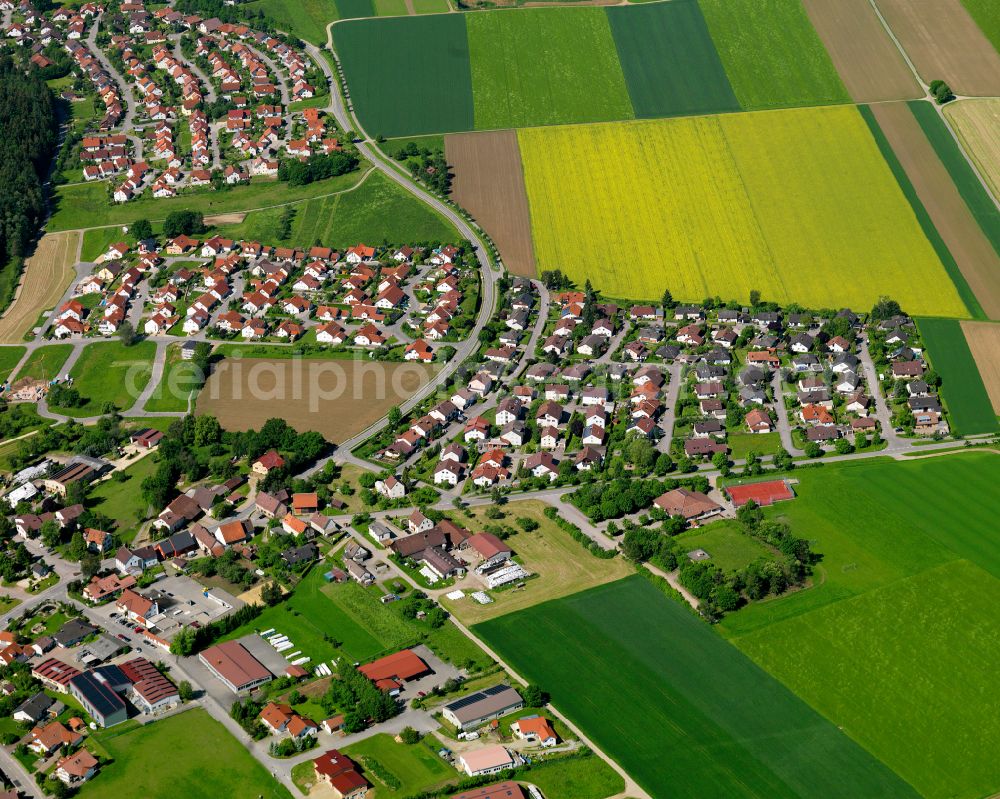 Aerial image Mietingen - Village view on the edge of agricultural fields and land in Mietingen in the state Baden-Wuerttemberg, Germany