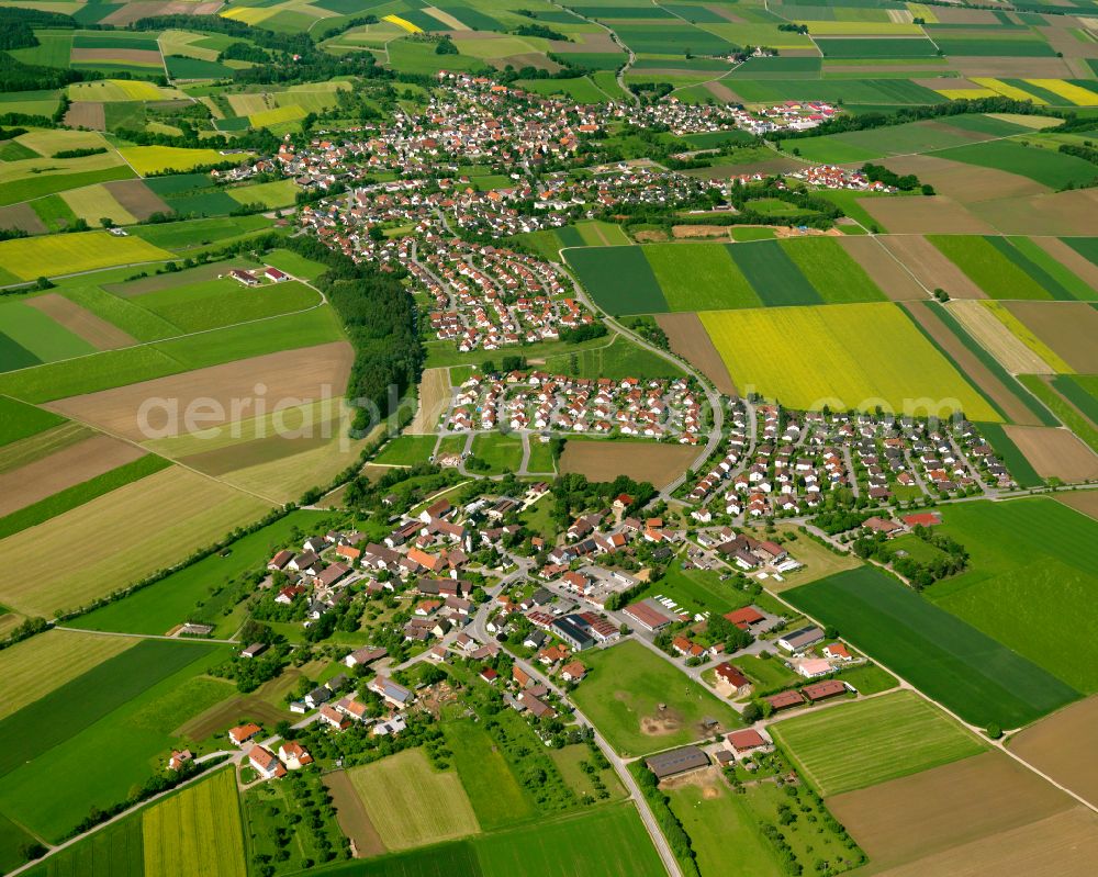 Mietingen from above - Village view on the edge of agricultural fields and land in Mietingen in the state Baden-Wuerttemberg, Germany