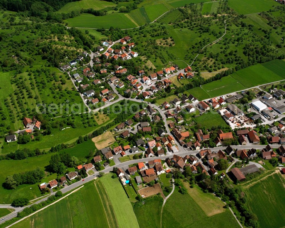 Mittelbrüden from above - Village view on the edge of agricultural fields and land in Mittelbrüden in the state Baden-Wuerttemberg, Germany