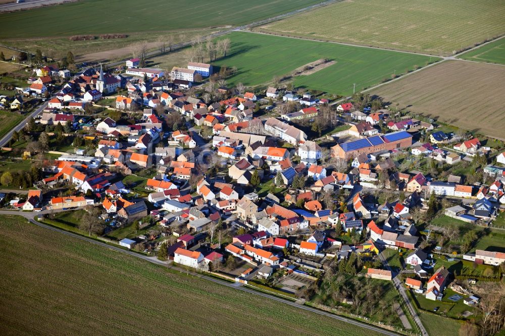 Aerial image Mittelhausen - Village view on the edge of agricultural fields and land in Mittelhausen in the state Saxony-Anhalt, Germany