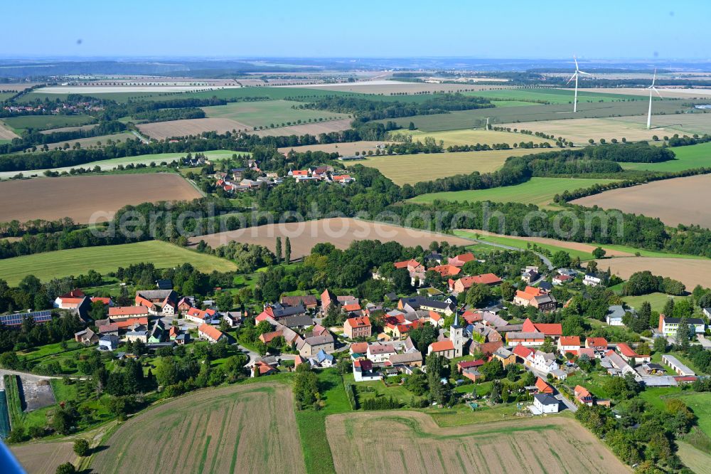 Aerial photograph Molauer Land - Village view on the edge of agricultural fields and land in Molauer Land in the state Saxony-Anhalt, Germany