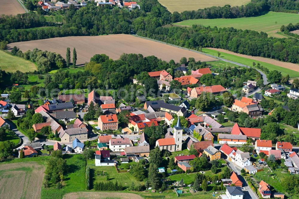 Molauer Land from above - Village view on the edge of agricultural fields and land in Molauer Land in the state Saxony-Anhalt, Germany