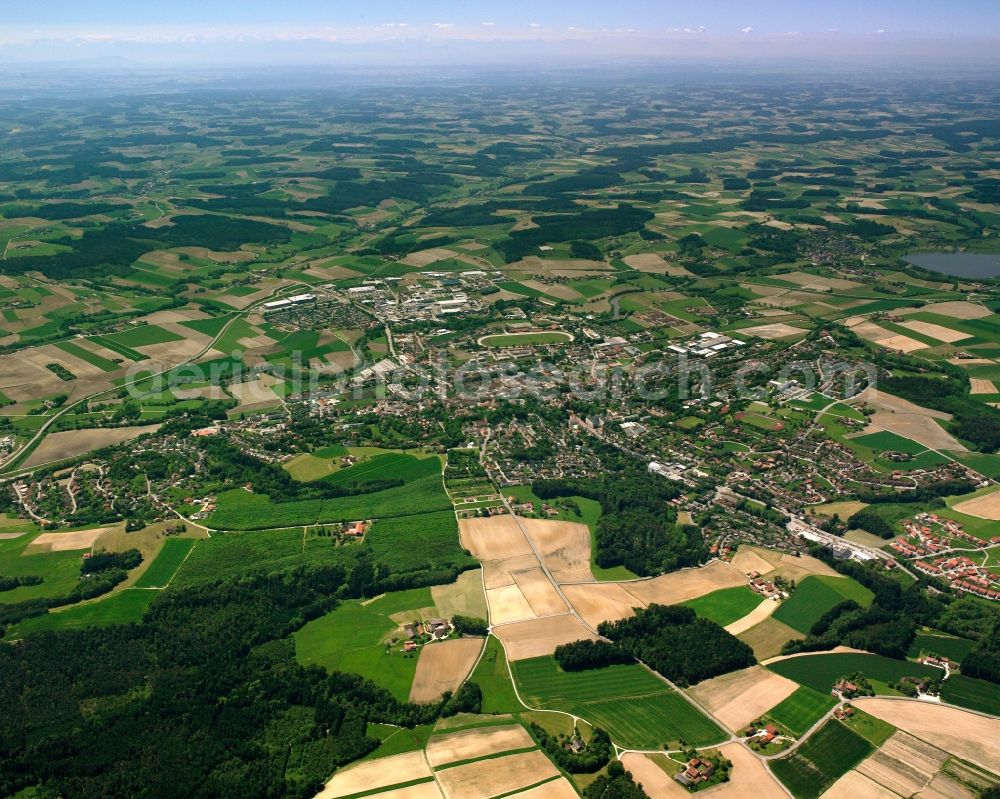 Mooshof from above - Village view on the edge of agricultural fields and land in Mooshof in the state Bavaria, Germany