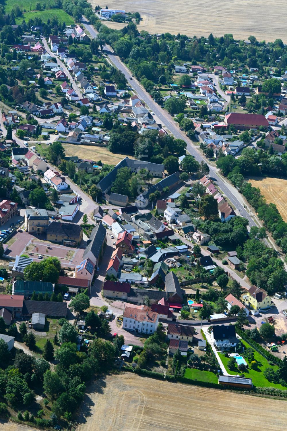 Morl from above - Village view on the edge of agricultural fields and land in Morl in the state Saxony-Anhalt, Germany