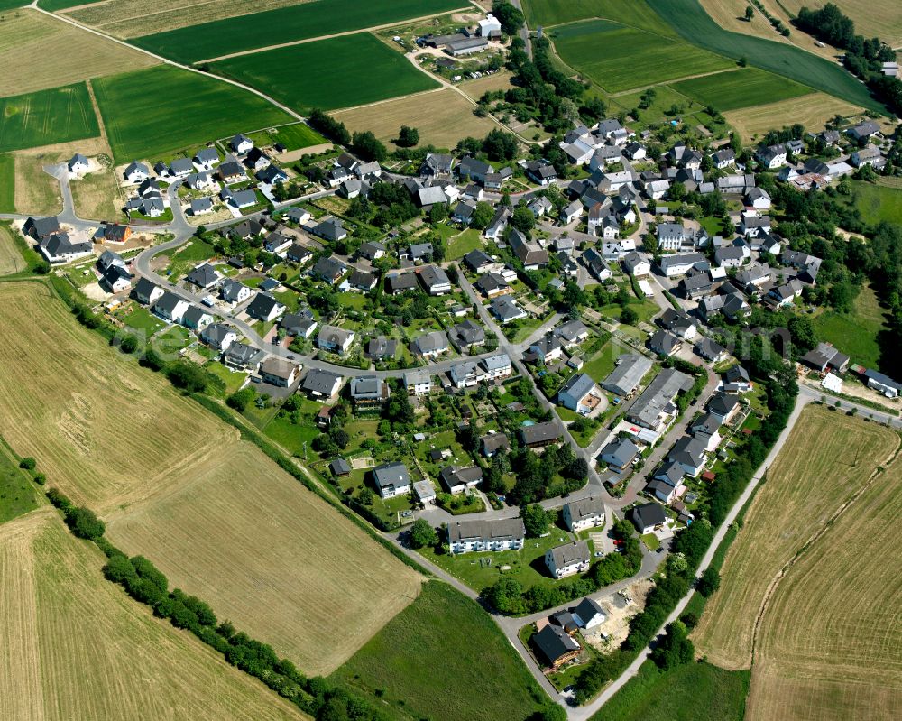 Mutterschied from above - Village view on the edge of agricultural fields and land in Mutterschied in the state Rhineland-Palatinate, Germany