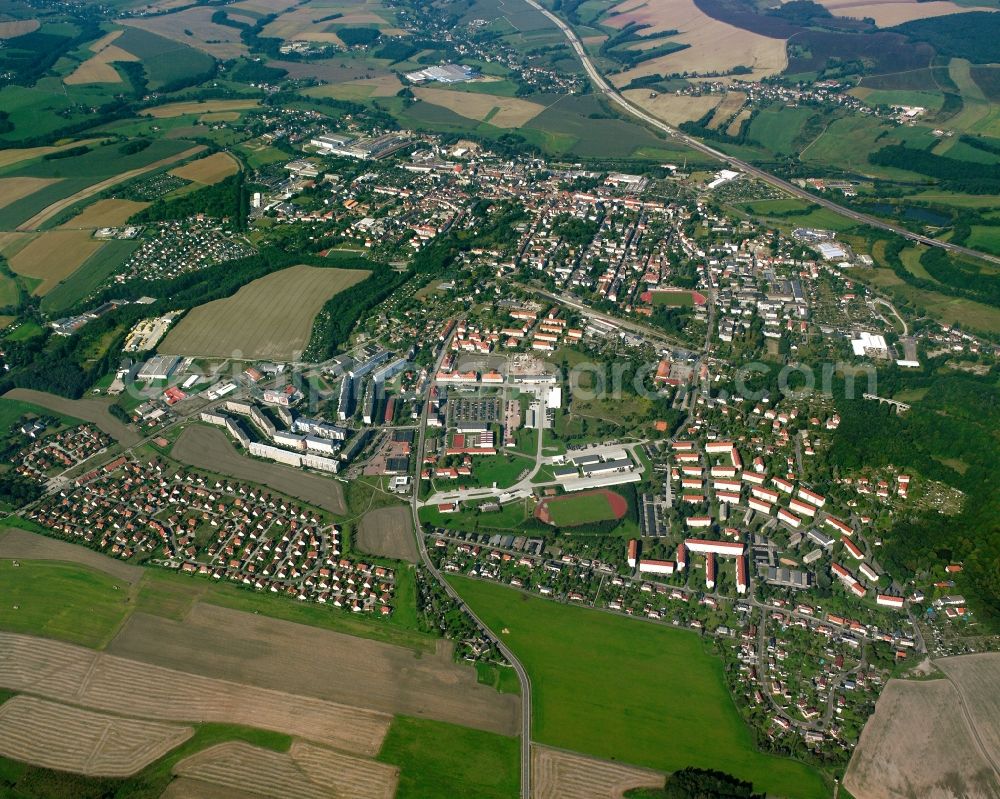 Neubau from the bird's eye view: Village view on the edge of agricultural fields and land in Neubau in the state Saxony, Germany