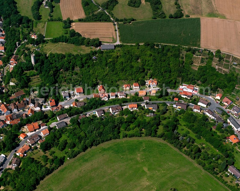 Neudenau from above - Village view on the edge of agricultural fields and land in Neudenau in the state Baden-Wuerttemberg, Germany