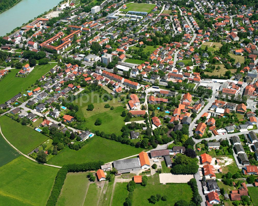 Aerial image Neuötting - Village view on the edge of agricultural fields and land in Neuötting in the state Bavaria, Germany