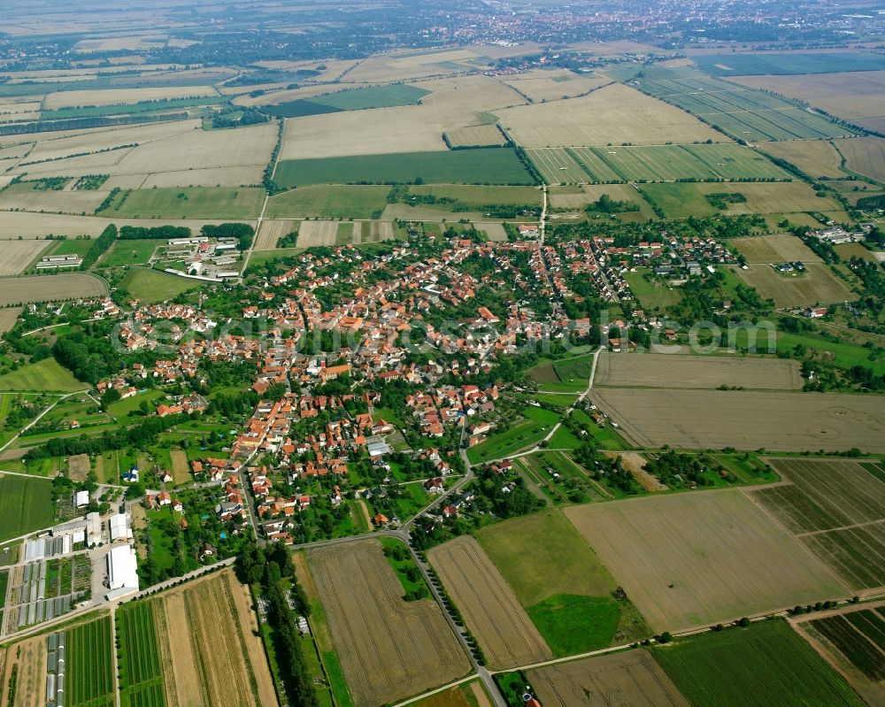 Oberdorla from above - Village view on the edge of agricultural fields and land in Oberdorla in the state Thuringia, Germany