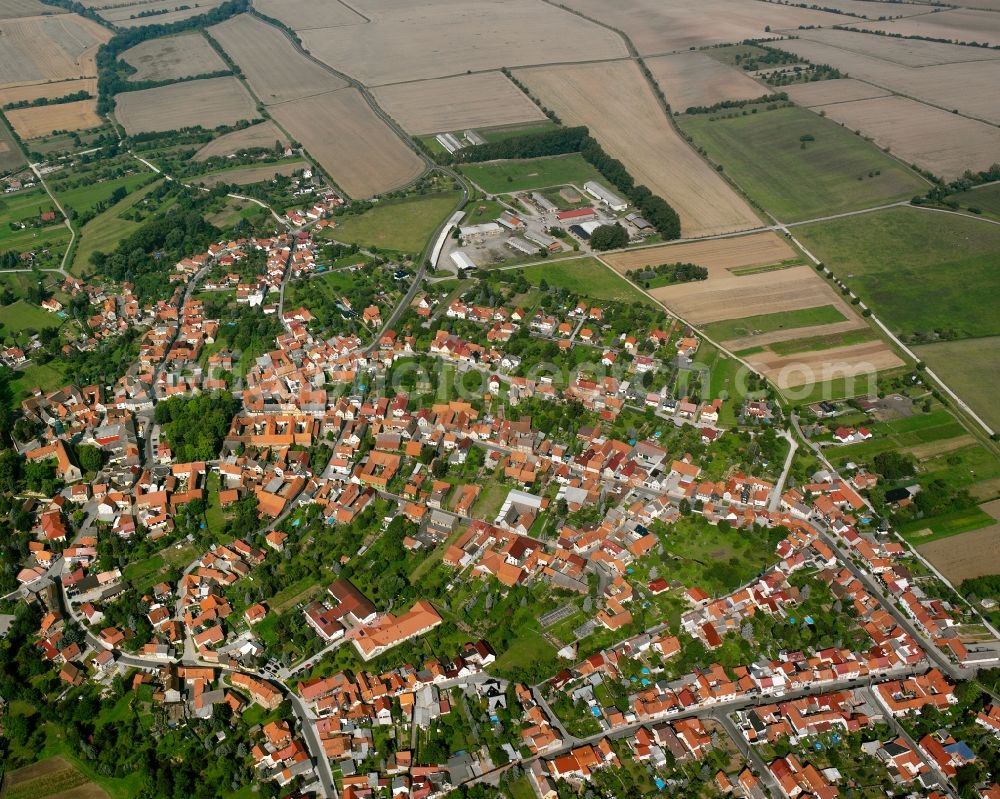 Aerial photograph Oberdorla - Village view on the edge of agricultural fields and land in Oberdorla in the state Thuringia, Germany