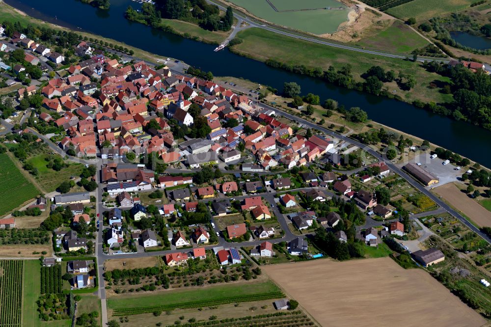 Aerial image Obereisenheim - Village view on the edge of agricultural fields and land in Obereisenheim in the state Bavaria, Germany