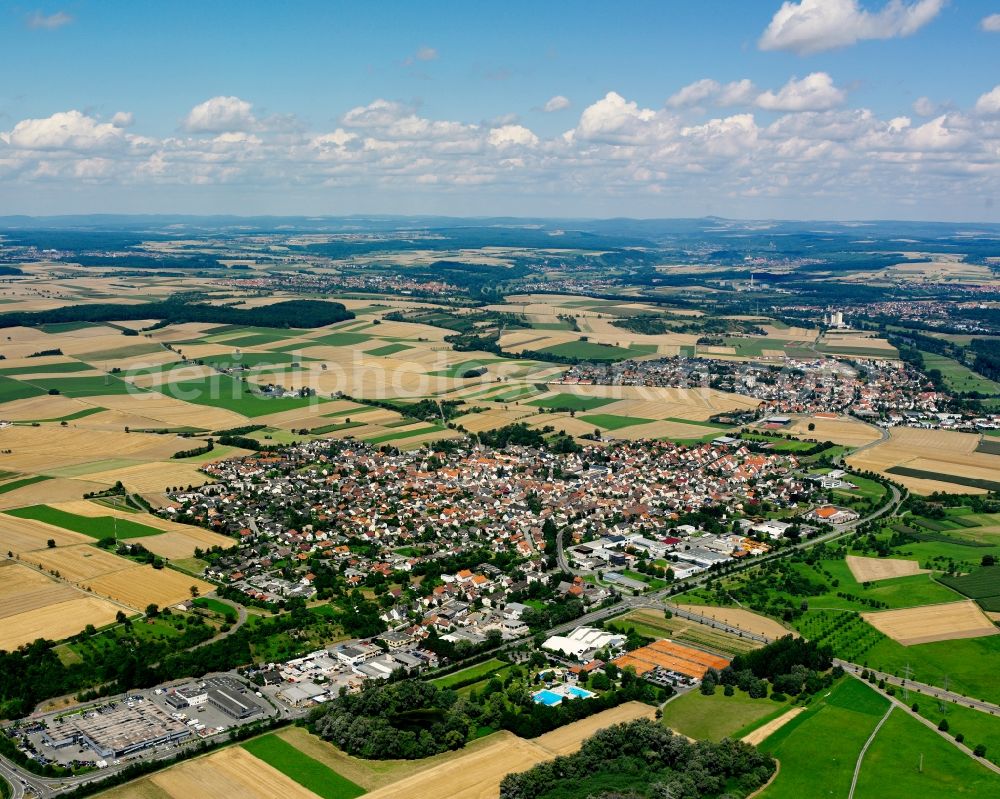 Aerial image Obereisesheim - Village view on the edge of agricultural fields and land in Obereisesheim in the state Baden-Wuerttemberg, Germany