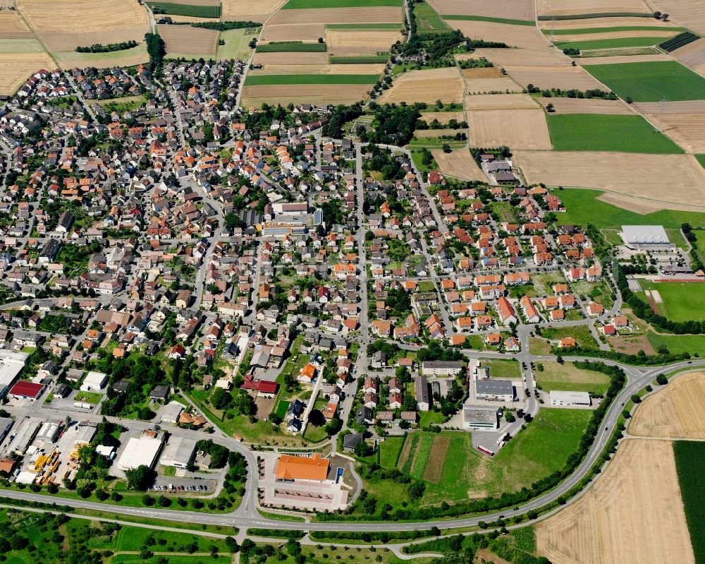 Obereisesheim from above - Village view on the edge of agricultural fields and land in Obereisesheim in the state Baden-Wuerttemberg, Germany