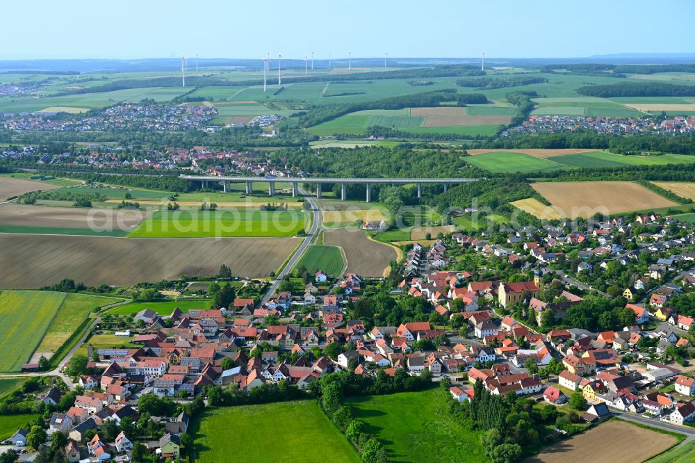 Obereuerheim from the bird's eye view: Village view on the edge of agricultural fields and land in Obereuerheim in the state Bavaria, Germany