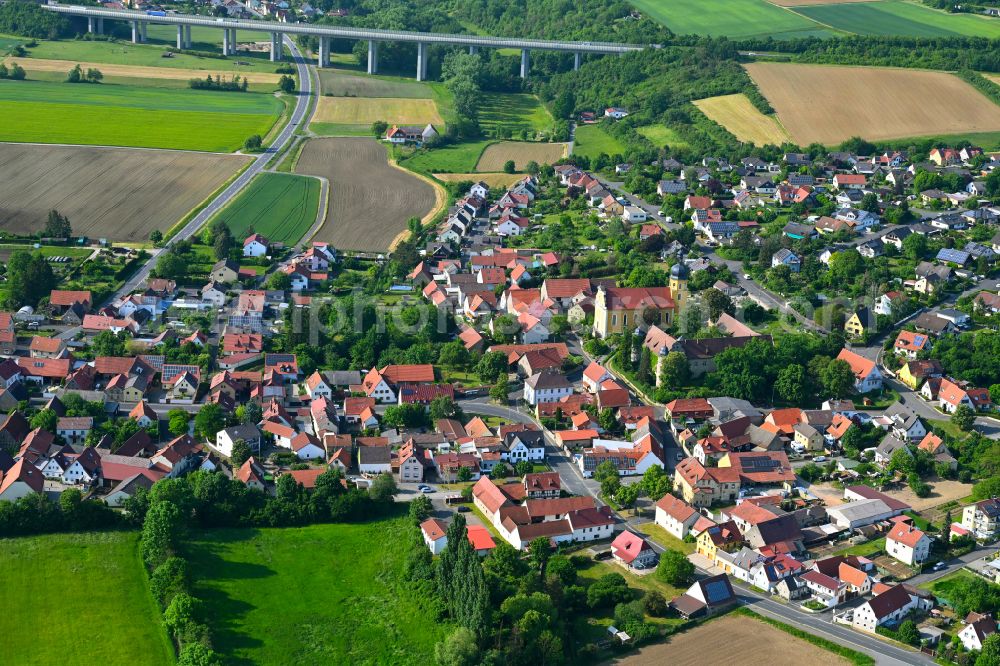 Aerial image Obereuerheim - Village view on the edge of agricultural fields and land in Obereuerheim in the state Bavaria, Germany