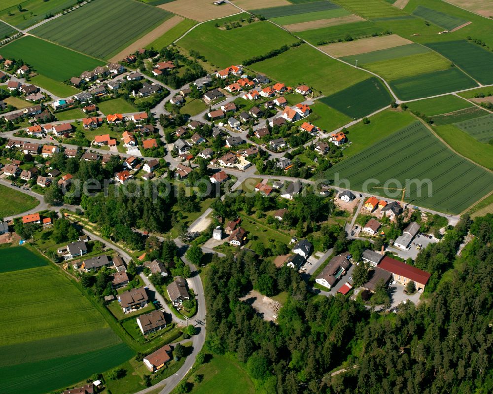 Oberhaugstett from above - Village view on the edge of agricultural fields and land in Oberhaugstett in the state Baden-Wuerttemberg, Germany