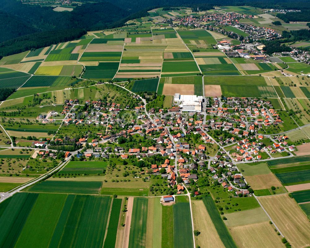 Oberhaugstett from the bird's eye view: Village view on the edge of agricultural fields and land in Oberhaugstett in the state Baden-Wuerttemberg, Germany