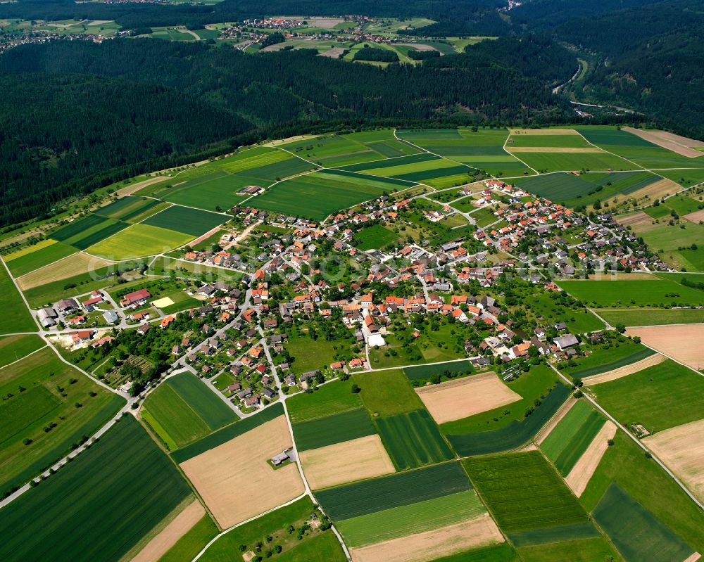 Oberhaugstett from above - Village view on the edge of agricultural fields and land in Oberhaugstett in the state Baden-Wuerttemberg, Germany