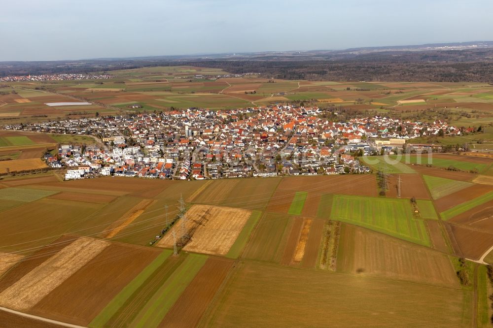 Oberjesingen from above - Village view on the edge of agricultural fields and land in Oberjesingen in the state Baden-Wuerttemberg, Germany