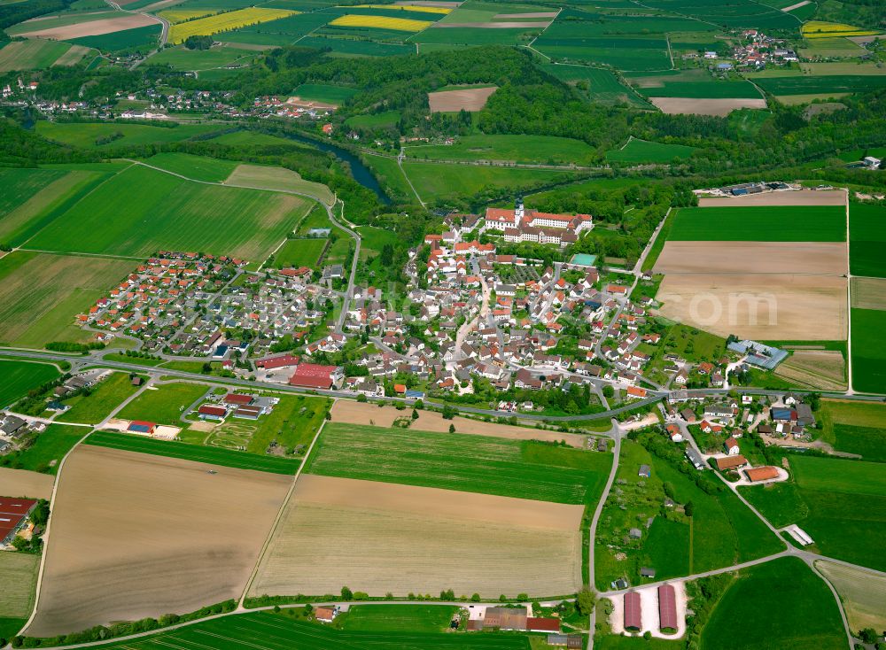 Obermarchtal from above - Village view on the edge of agricultural fields and land in Obermarchtal in the state Baden-Wuerttemberg, Germany