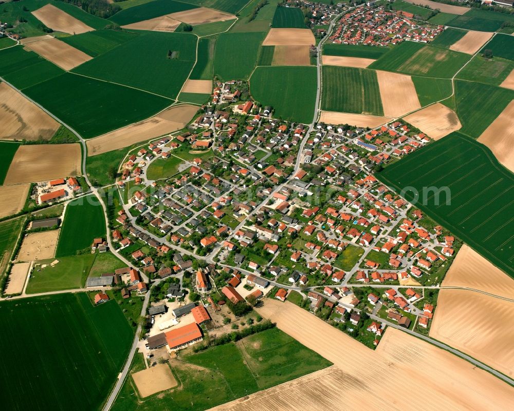 Oberpiebing from above - Village view on the edge of agricultural fields and land in Oberpiebing in the state Bavaria, Germany