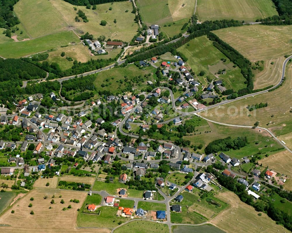 Oberreidenbach from above - Village view on the edge of agricultural fields and land in Oberreidenbach in the state Rhineland-Palatinate, Germany