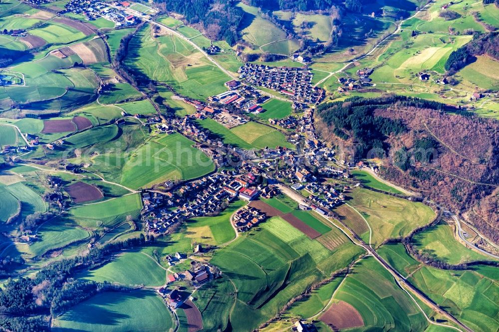 Oberwinden from above - Village view on the edge of agricultural fields and land in Oberwinden in the state Baden-Wurttemberg, Germany