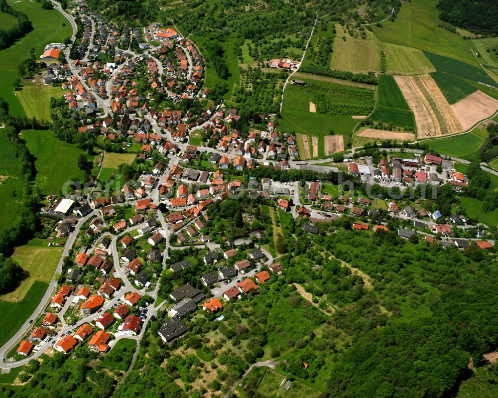 Oppelsbohm from above - Village view on the edge of agricultural fields and land in Oppelsbohm in the state Baden-Wuerttemberg, Germany