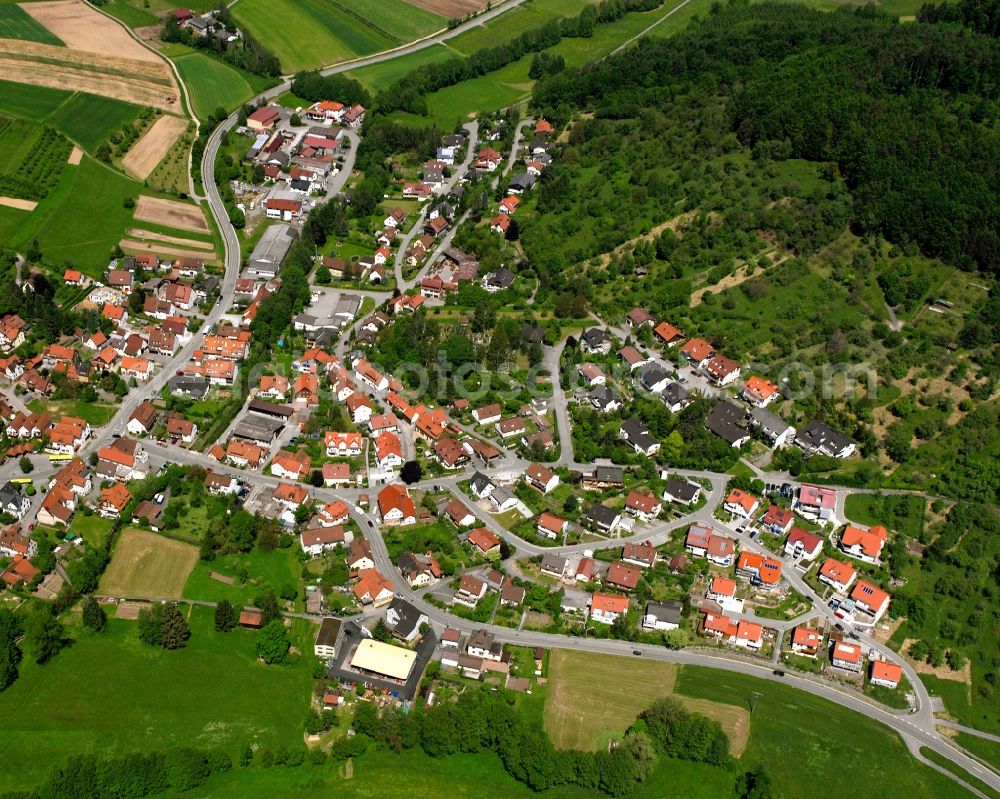 Oppelsbohm from the bird's eye view: Village view on the edge of agricultural fields and land in Oppelsbohm in the state Baden-Wuerttemberg, Germany